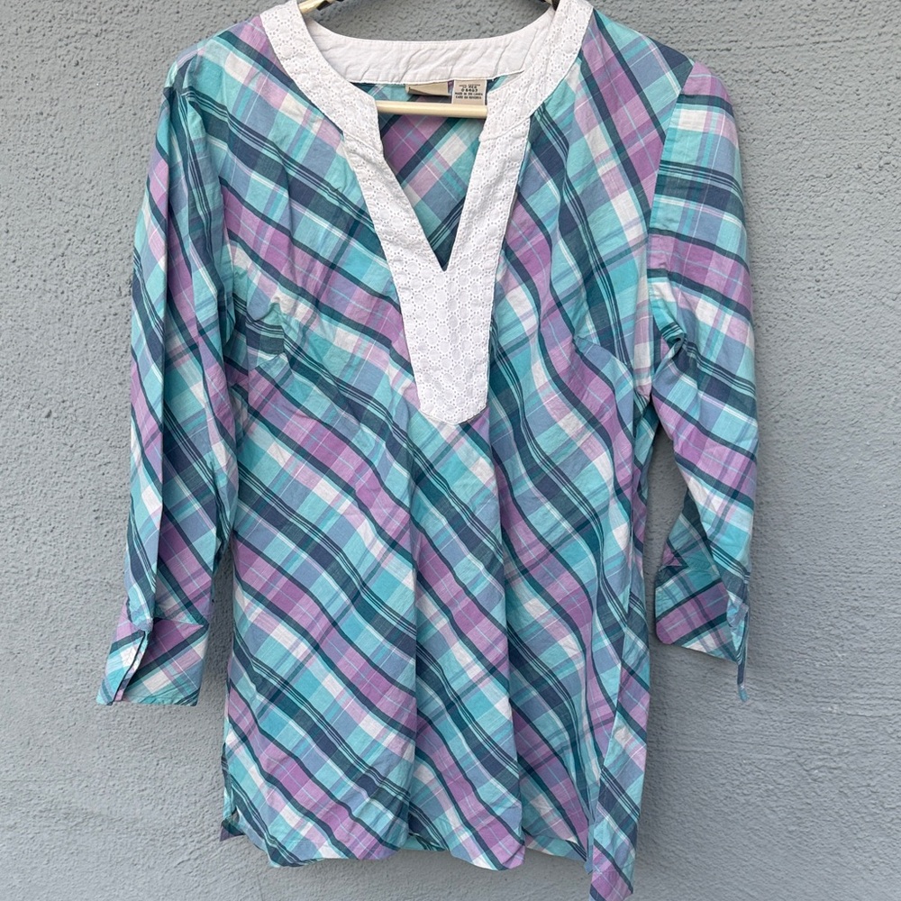 LL Bean Tunic Plaid V-Neck Women's Top